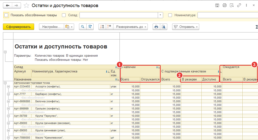 Отчет «Остатки и доступность товаров» в 1С УТ 11.5: в наличии, в резерве, доступно